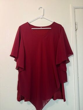 Burgundy Chiffon Layered Handkerchief Hem Blouse Flutter Sleeve - Size 2XL